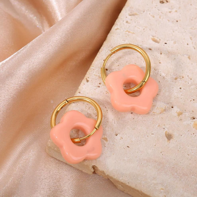 Boucles d'oreilles Créoles Fleur Résine Rose (Saumon) 