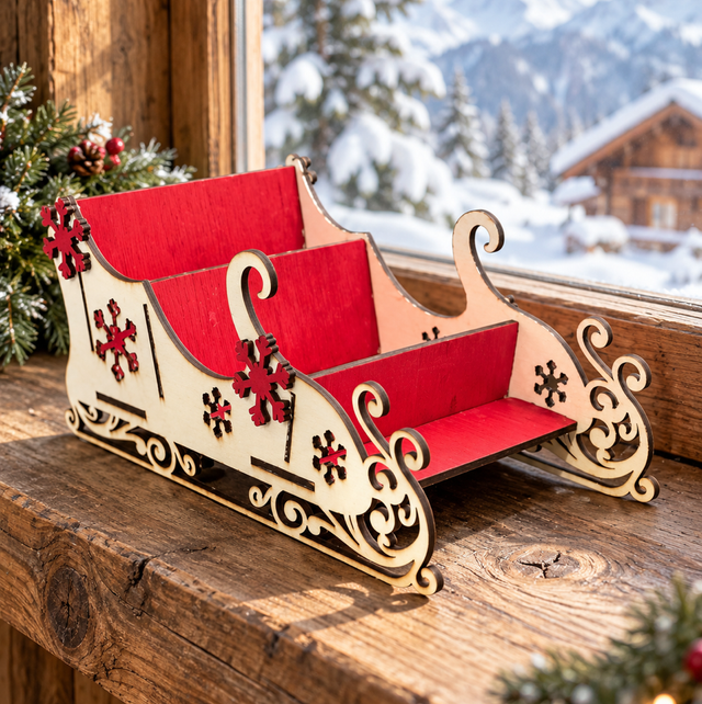 Slitta Natalizia in Legno con Fiocchi di Neve