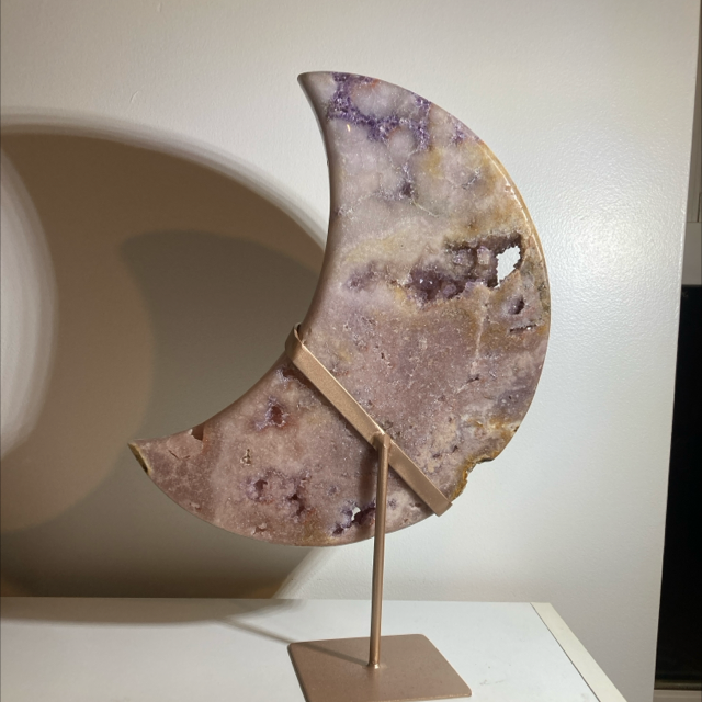 Pink Amethyst Druzy Large Moon on stand