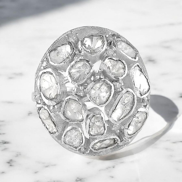 Stunning Natural Polki Diamond & Platinum Filled Ring