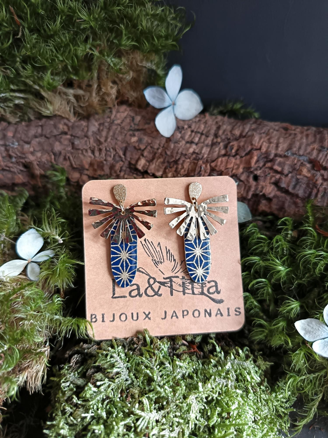 Boucles d'oreilles - puces - papier washi - soleil - martelé - La&amp;Titia 