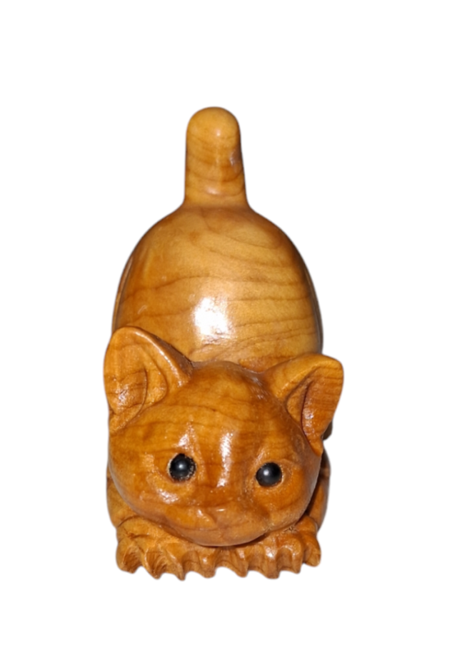 Echtholzfigur Katze handgeschnitzt