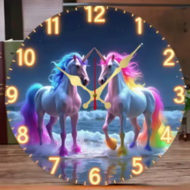 Ronde wandklok van hout Eenhoorns (25cm)