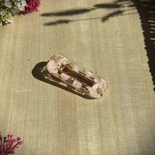 Barrette à cheveux - Rose doux et or (rectangulaire)