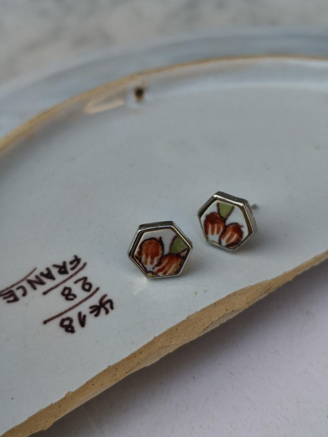 Boucles d'oreilles simples hexagonales - faïence et laiton - Faïencerie de Desvres - no.4