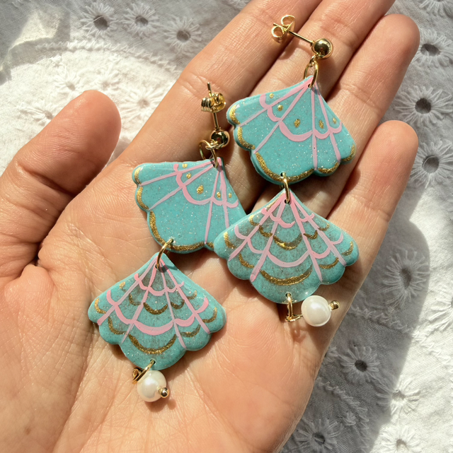 Teal and Pink Shimmer Seashell Long Dangle Pearl Earrings