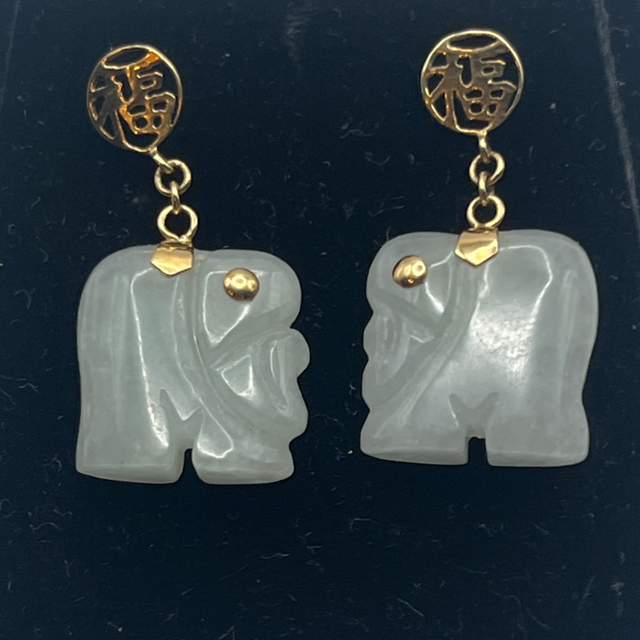 14ct Gold &amp; Carved Jade Elephant Earrings – with Symbolic Stud Detail