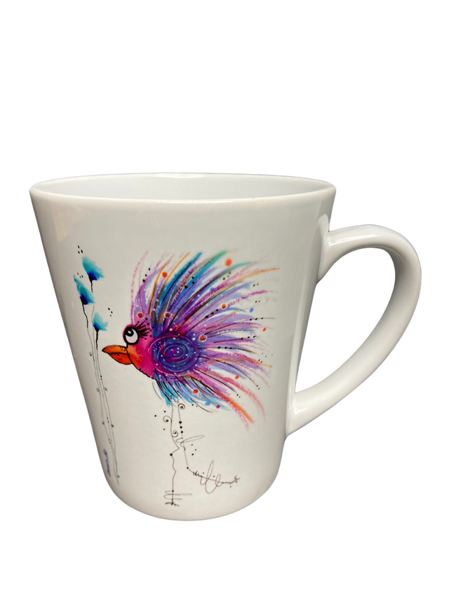 Konische Keramiktasse "lila Stelzenvogel"