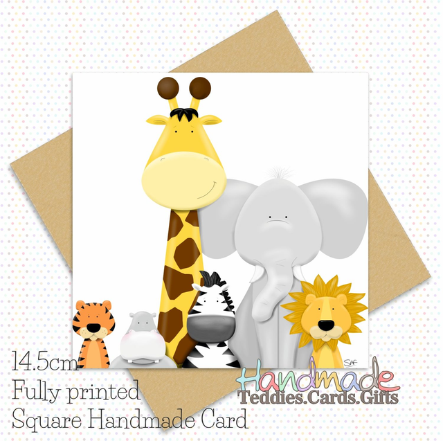 Printed Safari Animals Card. 14.5cm square. 350gsm. Printed. Blank inside. Elephant. Giraffe. Lion. Hippo. Zebra. Tiger. Happy Birthday. New Baby.