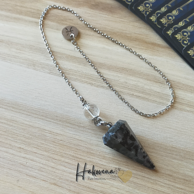 Pendule divinatoire en Larvikite &amp; Cristal de Roche - 0069PD