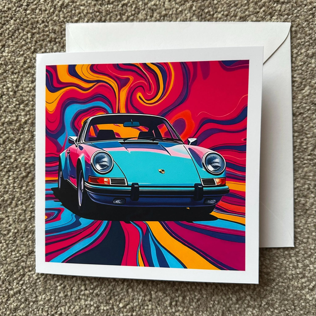 Classic 1960s Porsche 911 Pop Art Psychedelic Greeting Card – Retro Car Enthusiast Gift, Bold & Colourful Retro Design