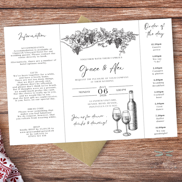 Grace vineyard design - Black and white monochrome - Gatefold Wedding invitation
