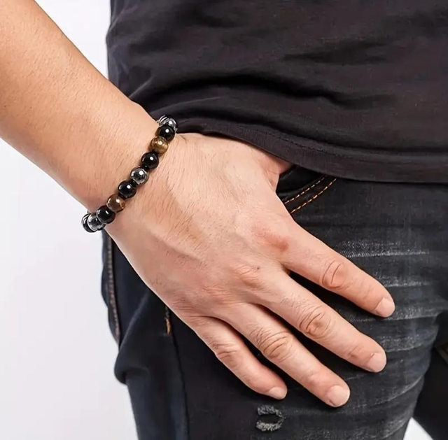 Bracelet Triple Protection en Œil de Tigre, Hématite et Obsidienne Noire