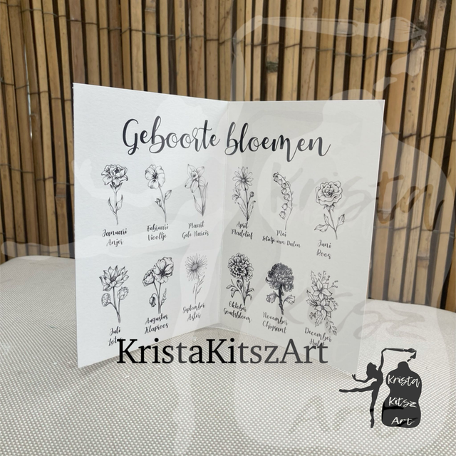 Geboortebloemen Ansichtkaarten Set van 12  in zwart wit NL of EN, inclusief enveloppen, van originele tekeningen, met of zonder tekst  (1)