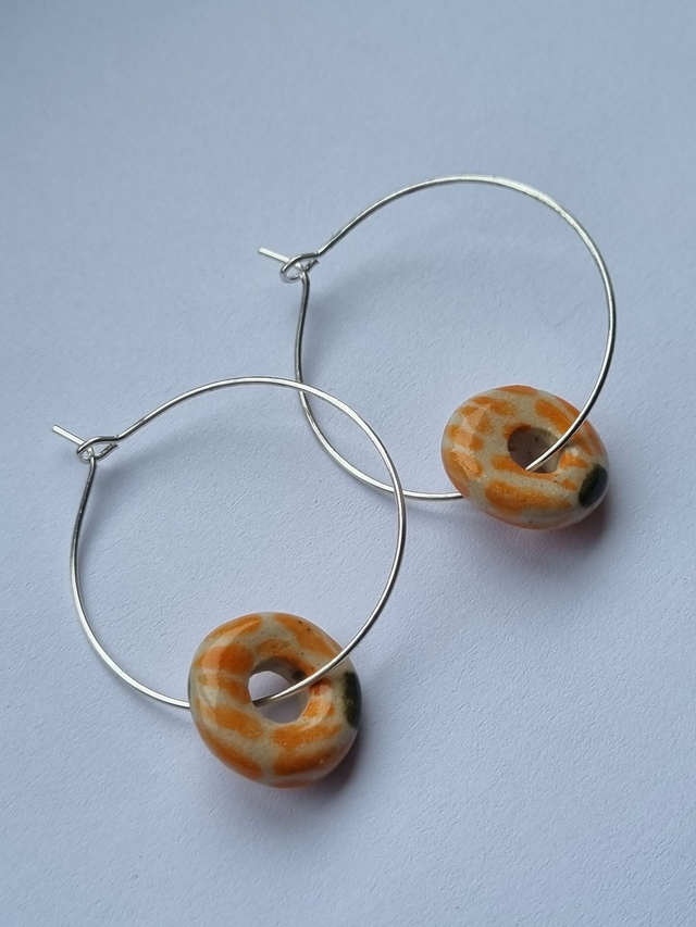 Ceramic Hoop Circle Earrings - Orange Flower