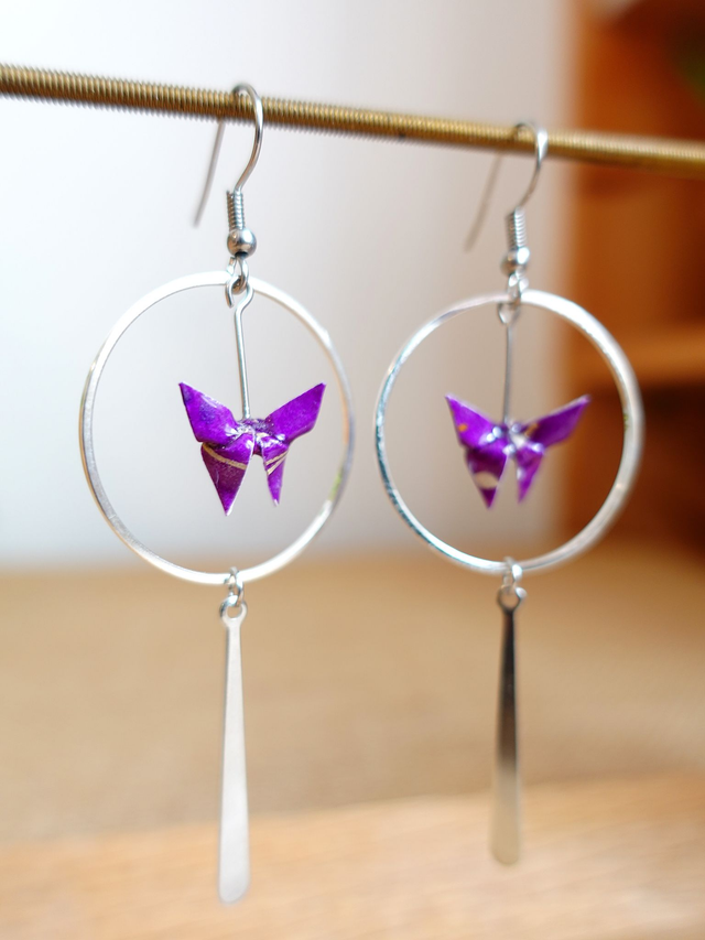 Origami Papillon / INOX / Papier japonais washi / Violet, argent / Créoles, anneaux /Bijou japonais origami / Boucles d'oreilles /
