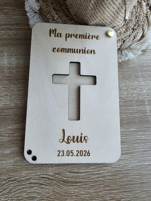 Carte en bois pour communion pour offrir de l'argent