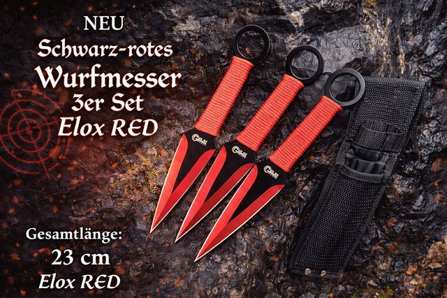 NEU Wurfmesser Kunai 3er Set elox red – Eloxierte rote Messer mit Cordura Etui für Sammler & Sport Wurfsport Fans