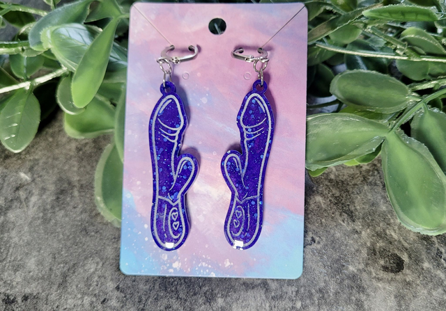 Earrings | Blue Glitter Rabbit Vibrator Earrings | Stainless Steel Lever Back Hoops