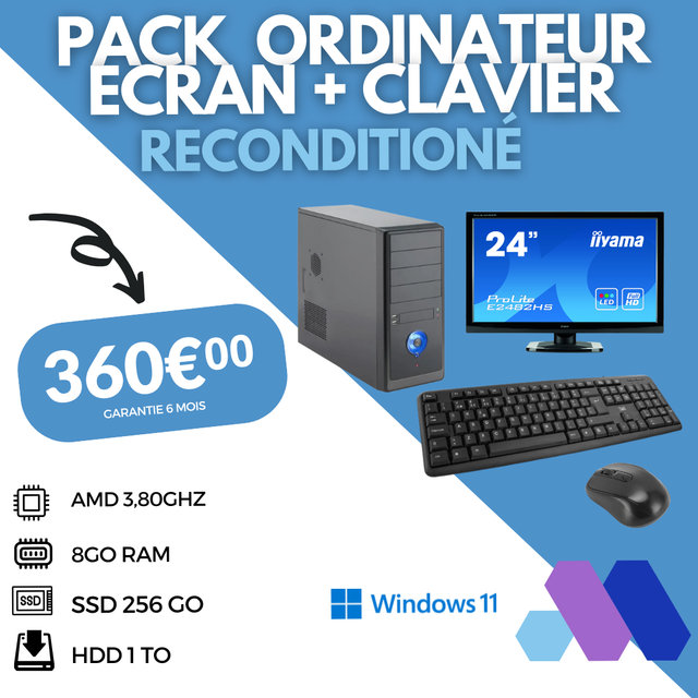 [RECONDITIONNE] - PC  ET SON SET UP ECRAN CLAVIER SOURIS - AMD - RAM 8 Go - SSD 256 Go - HDD 1To