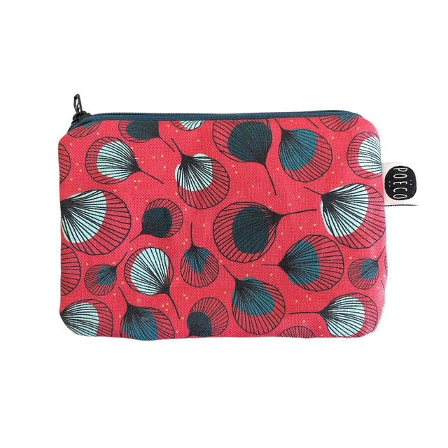 Trousse porte-monnaie - PLUMES vertes fond rouge