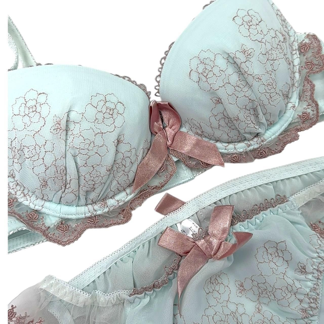 Light blue and brown embroidered Japanese Bra + Underwear Set UK 32B