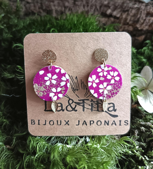Boucles d'oreilles - puces - papier washi - Sakura - fleurs de cerisier - feuilles - La&Titia