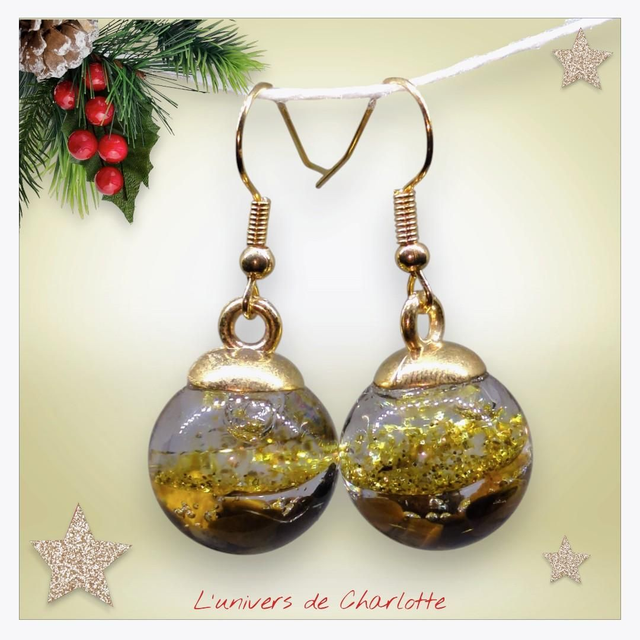Boucles d'oreilles "Oeil de tigre" boule de Noël BO-205
