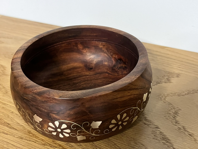 Refurbished Sheesham Wood Bowl with Brass Inlay.