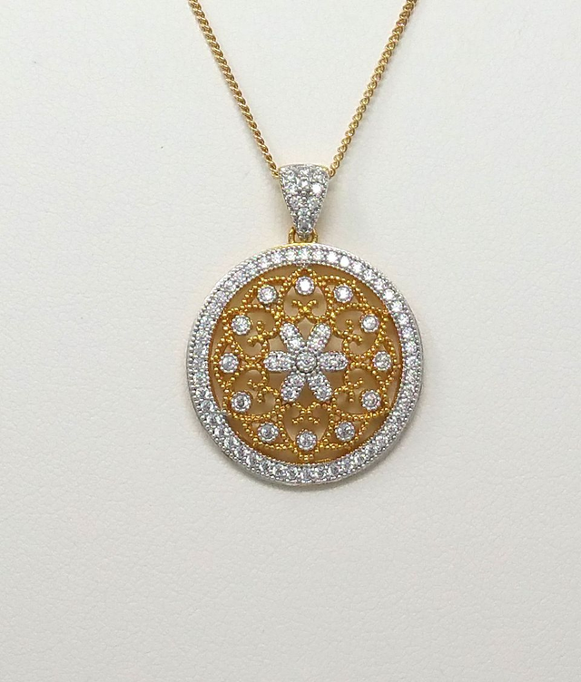 PENDENTIF ROND PLAQUE OR ET ARGENT RHODIE ZIRCONIUM - VENDU SANS CHAINE - LA2741611