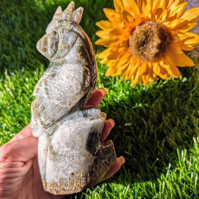 Large Moss Agate Parrot Carving 