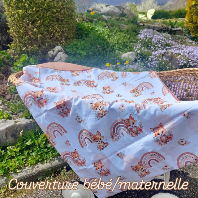 Couverture bébé/maternelle renard fleurs 