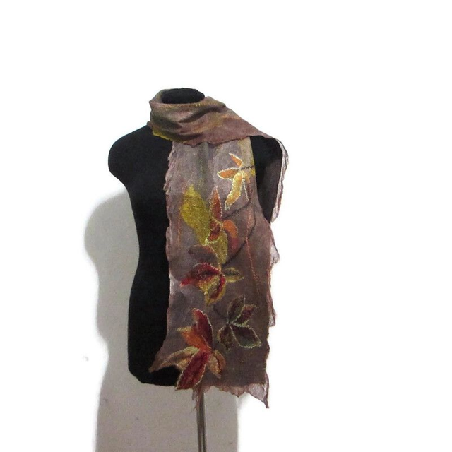 Sciarpa feltro lana merino seta Sciarpa artistica Caldo lunga oro marrone Infeltrimento fatto a mano