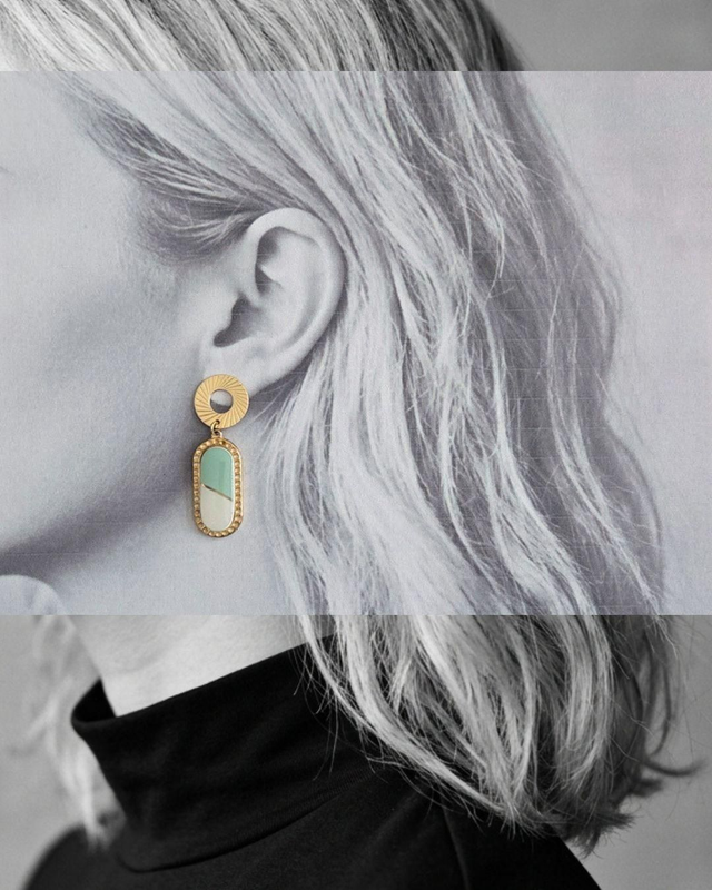 Paire de boucles d'oreilles - porcelaine Badonviller - acier inoxydable doré