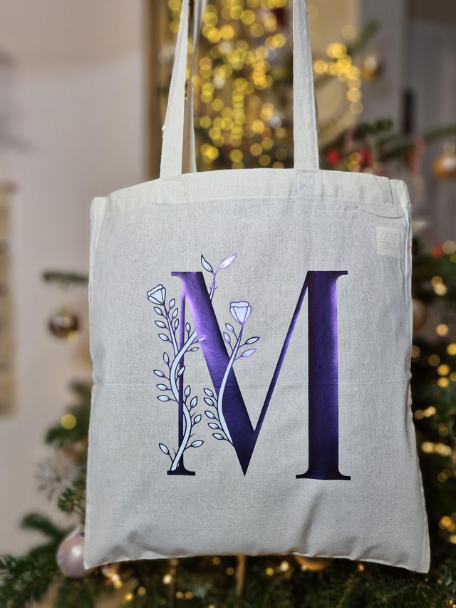Tote bag beige naturel - lettre florale