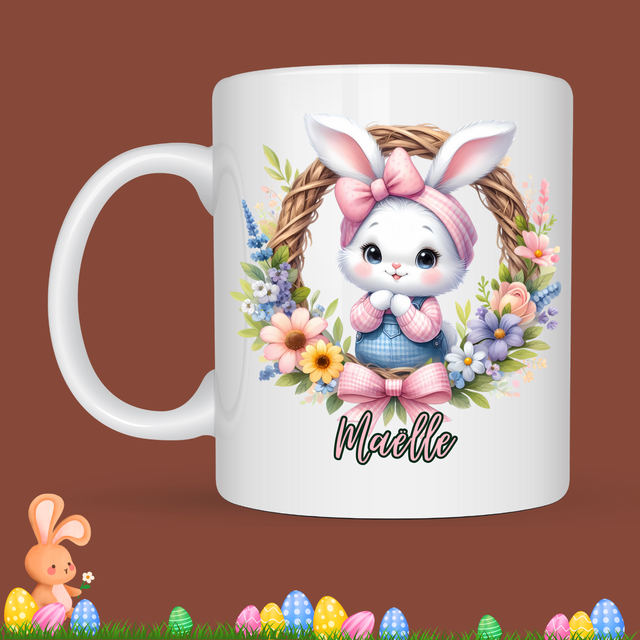 Mug de Pâques "Lapin blanc, fleurs ", prénom au choix  