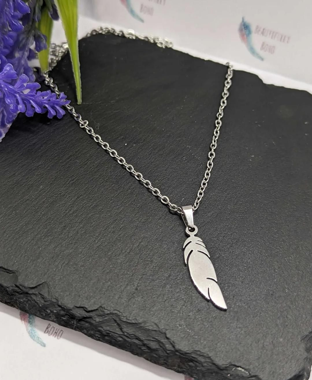 Stainless Steel Necklace with Feather Pendant.