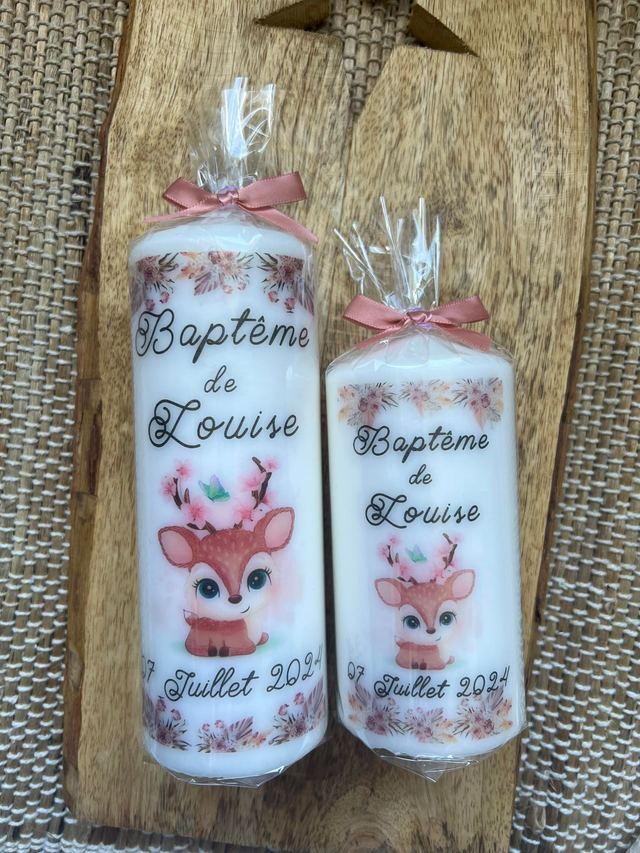 Bougie baptême personnalisée faon biche fleurs