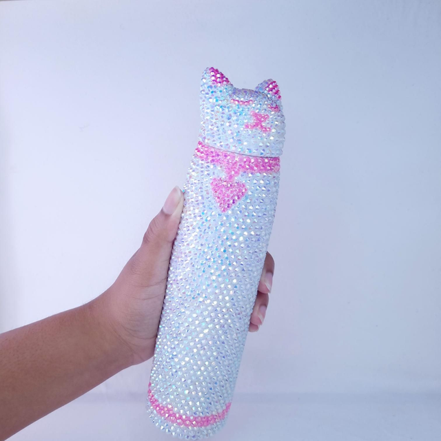 bouteille Chat strass Blanc Et Rose