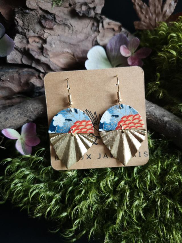 Boucles d'oreilles - crochets - papier washi - fleurs - éventail - laiton - La&amp;Titia 