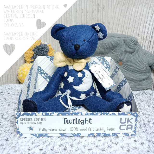 Twilight. Special Edition size, handmade teddy bear. UKCA. Tray base packaging. Moon and Stars design. Navy blue. Grey. Yellow. White. Cream.