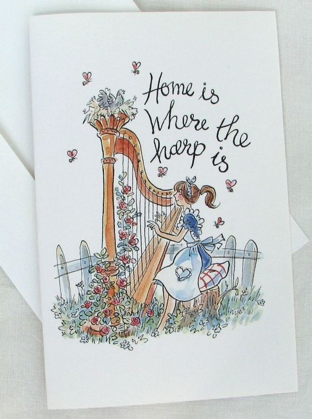 "Home is Where the Harp Is" Greetings Card- pack of 4