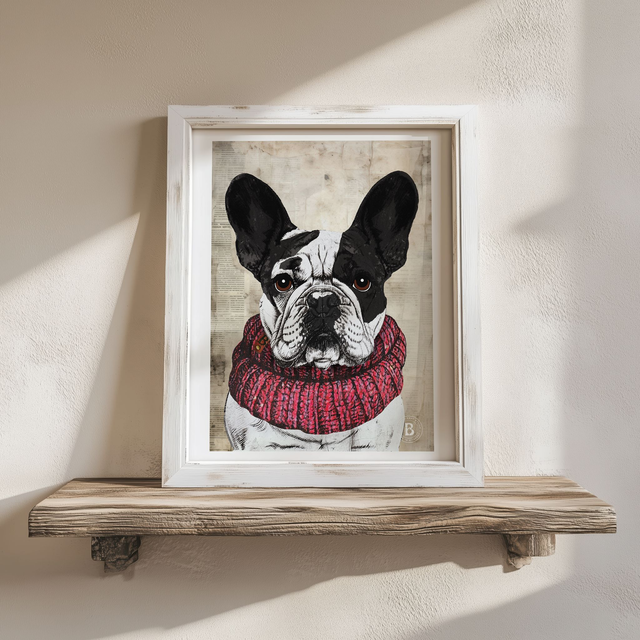 French Bulldog Black And White Pied Dog Mixed Media Art Print A4