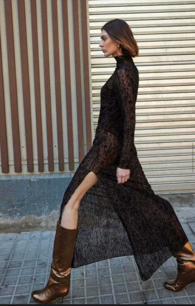 Chocolate Flocked Long Dress