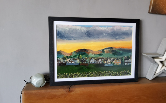 Sunset over Great Ayton and the Cleveland Hills. Framed original oil painting- 45x 33cm. 