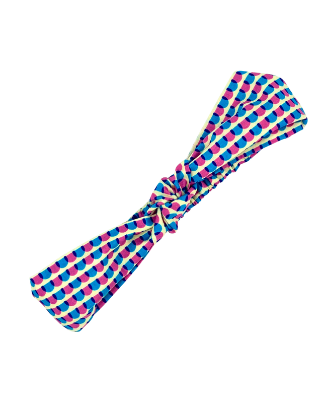 Knotted Elasticated Headband - Blue &amp; Pink Scallop - Japanese Cotton