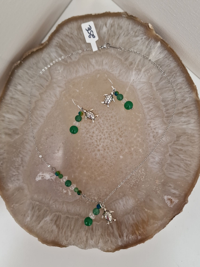 Parure Bijoux Acier Argenté Tortues Perles Jade Cristal