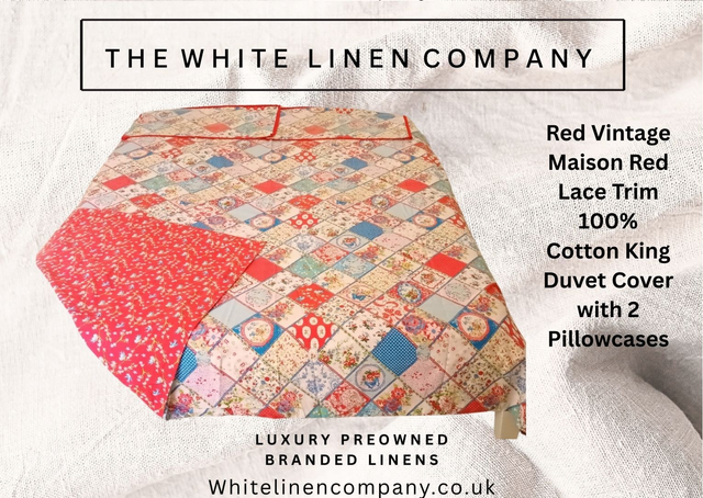 Red Vintage Maison Red Lace Trim 100% Cotton King Duvet Cover with 2 Pillowcases