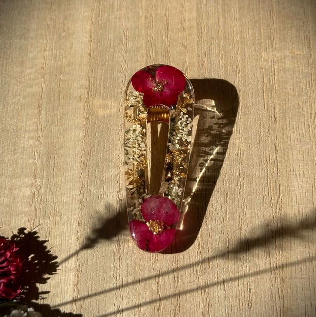 Barrette à cheveux - Rose, blanc et or (arrondie)