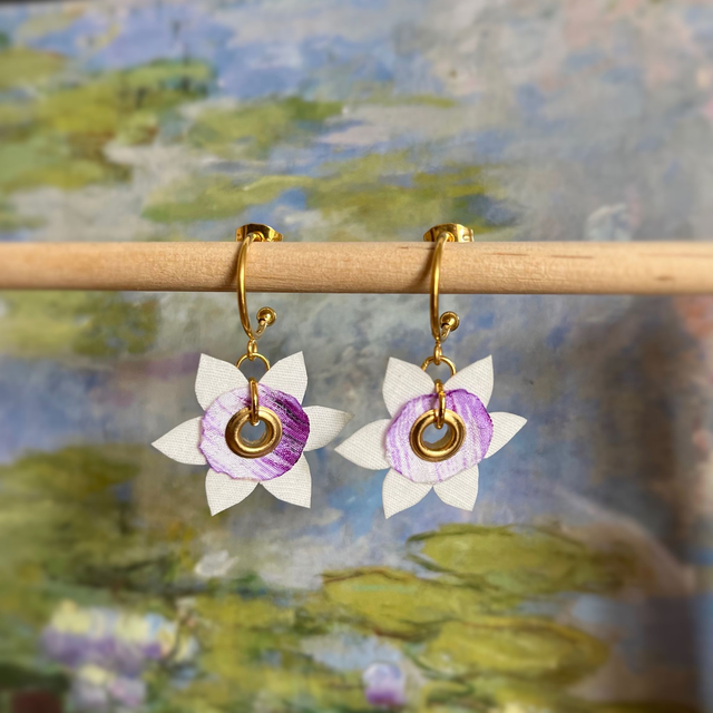 Nymphéas Roses - Tissu coton blanc et lila